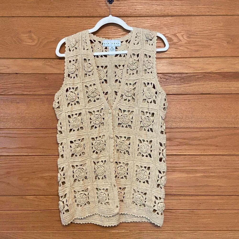 Vintage 90s floral crochet granny square button front longline sweater